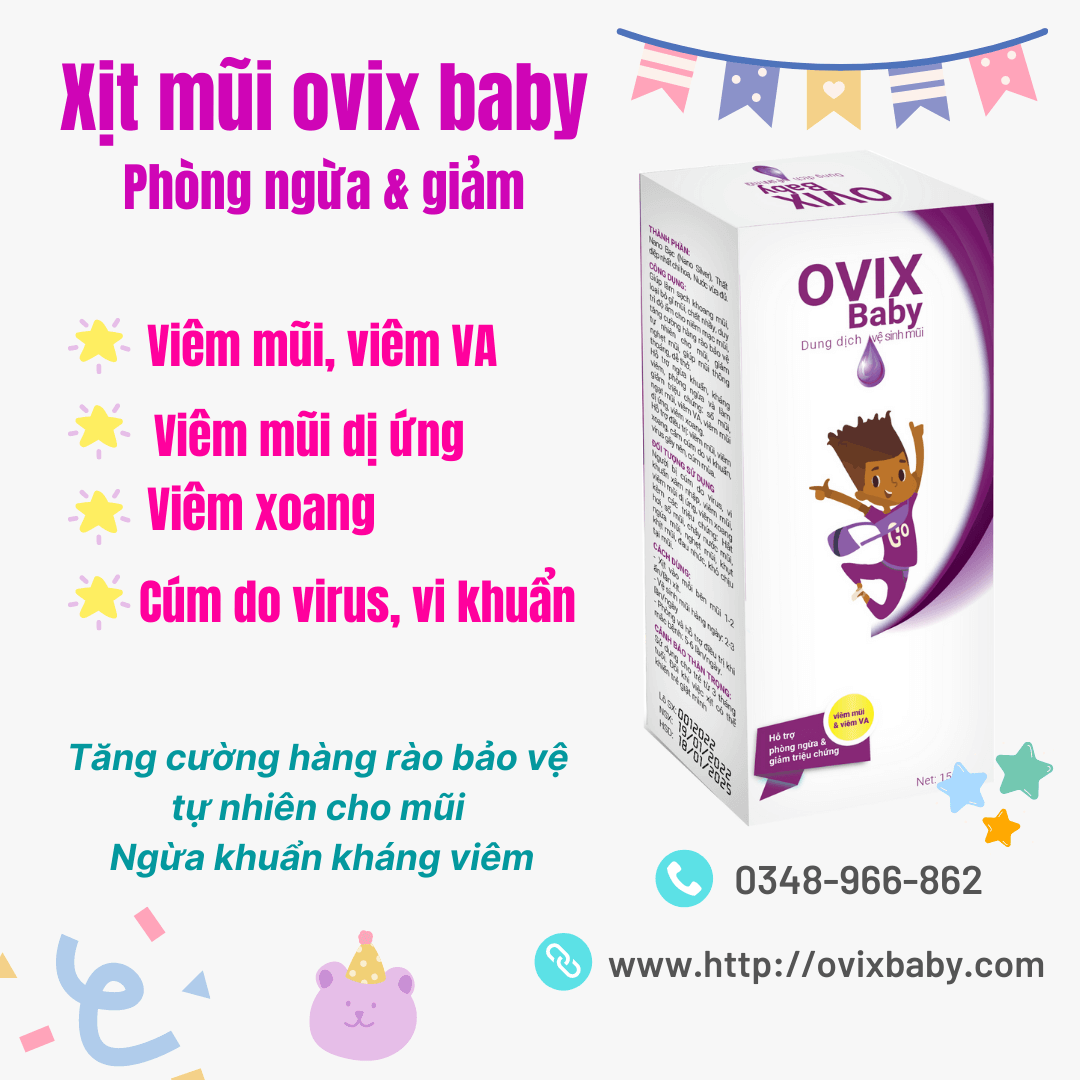 OVIX Baby vệ sinh mũi tăng cường hàng rào bảo vệ tự nhiên cho mũi. Phòng ngừa khuẩn kháng viêm, phòng ngừa làm giảm triệu chứng viêm VA, viêm mũi dị ứng, viêm xoang. Hỗ trợ điều trị : viêm mũi, viêm xoang, cảm cúm